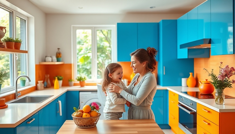 Colorful playful live-work home design kitchen with family interaction.