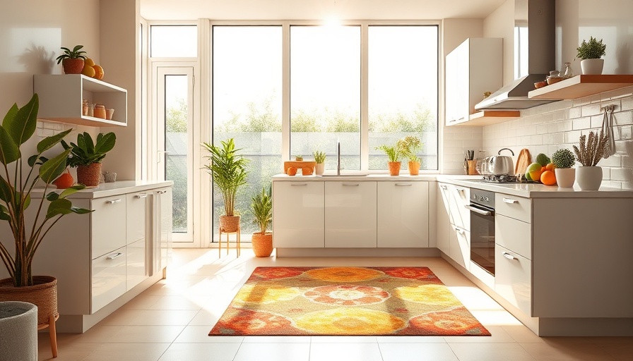 Modern kitchen with spring cleaning products, natural light, vibrant decor.