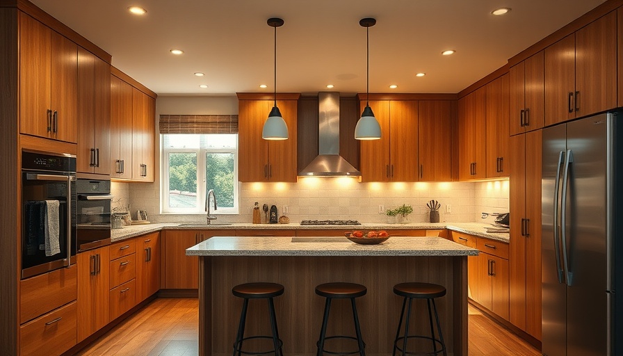 70s inspired lighting in modern kitchen with warm wood tones.
