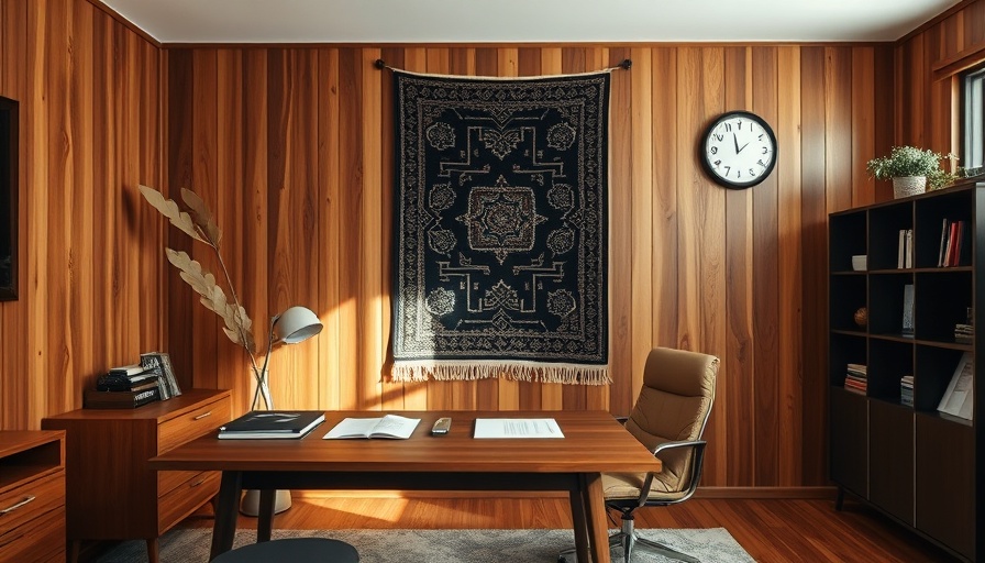 Mid-century office with dark patterned rug and wooden walls