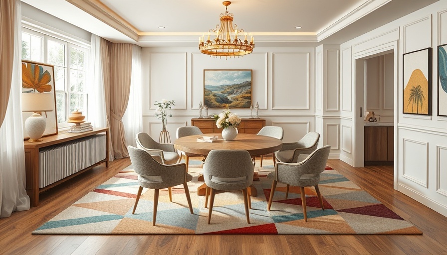Elegant pastel decor dining room with wooden furniture, colorful rug.