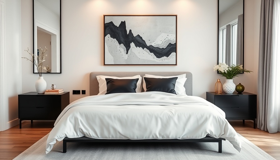 Modern bedroom with clean white bedding and abstract art.