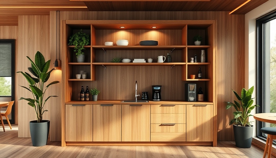 Modern wooden bar cabinet ideal for in-home coffee setup, in a warm kitchen.