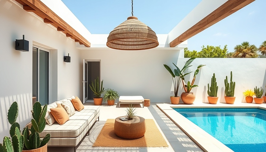 Chic patio with private pool in Tulum Airbnb, lush plants.