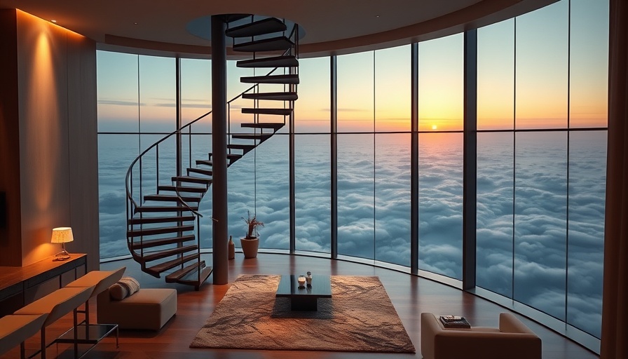 Luxurious Burj Khalifa penthouse interior with spiral staircase and cloud view.
