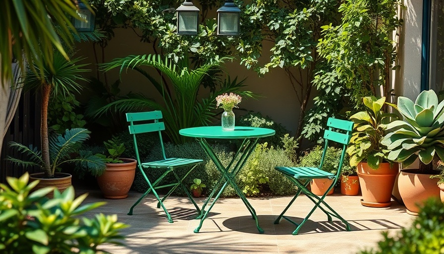 Green bistro set for outdoor entertaining on a sunny patio.