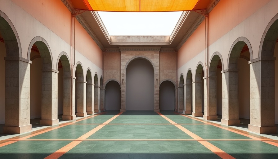 Minimalist courtyard with stone arches under an orange canopy, Gucci Bamboo Encounters.