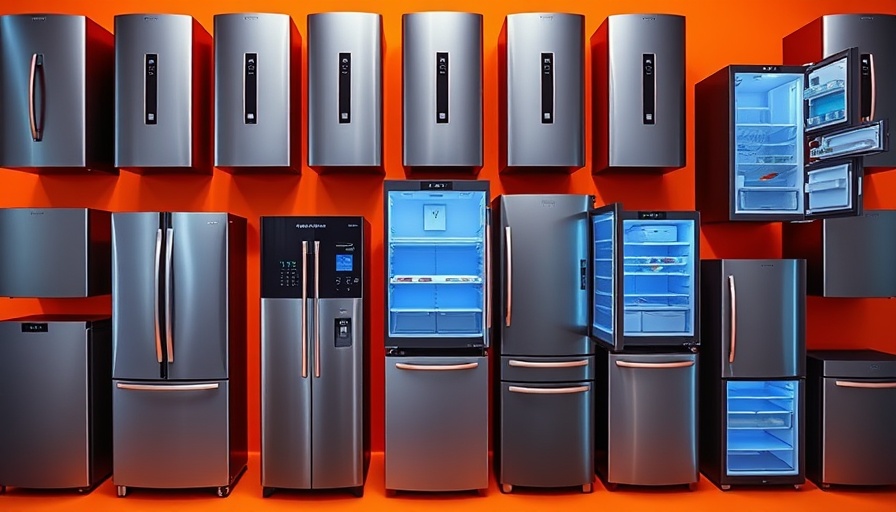 Various modern smart refrigerators on an orange background showcasing designs.