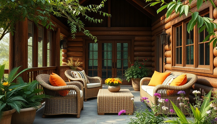 Rustic outdoor lounge with wicker chairs, vibrant cushions in greenery.