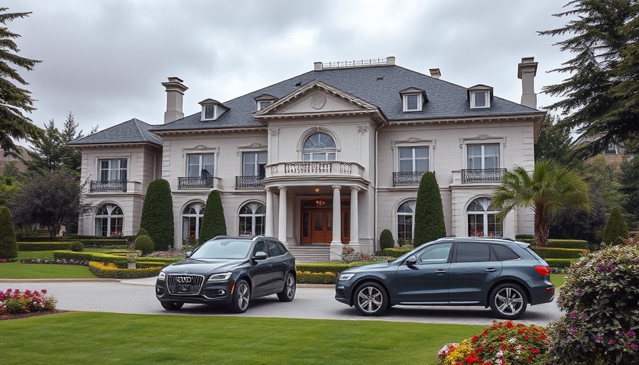 Luxurious mansion design with classic cars and lush landscape