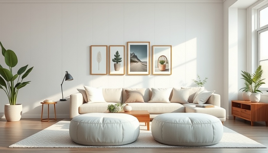 Minimalist living room with soft brutalism elements.