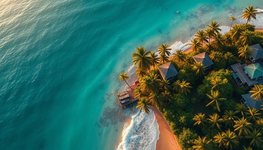 Aerial view of Tulum hotels with lush greenery and turquoise ocean.
