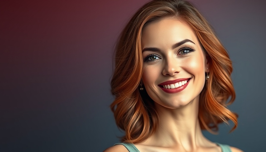 Confident auburn-haired woman smiling warmly against colorful backdrop.