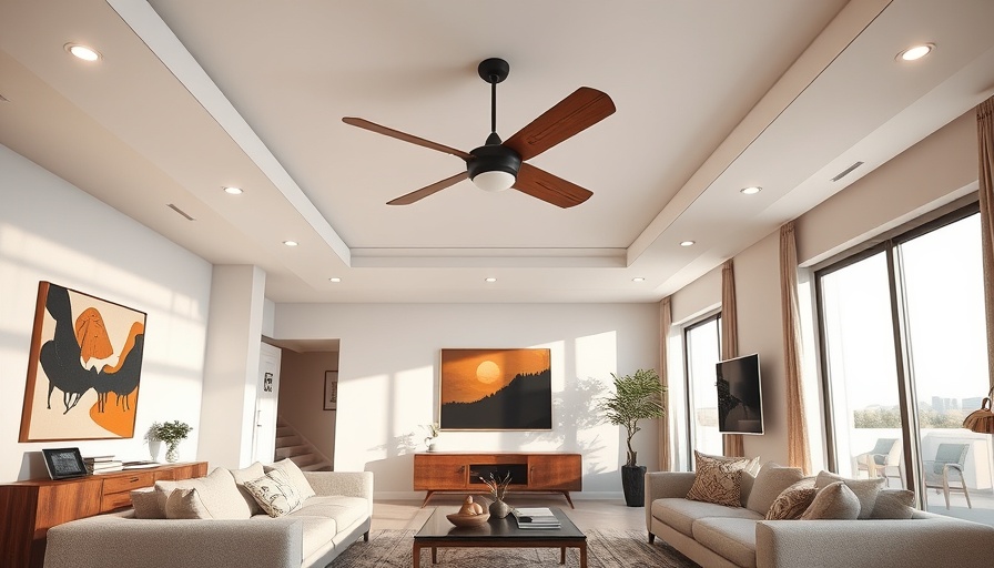 Stylish modern living room with wooden ceiling fan, bright and elegant.