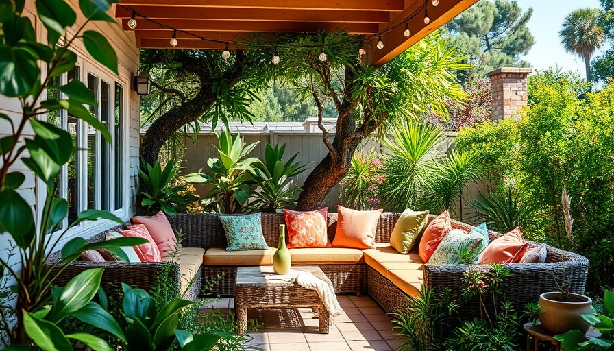 Inviting patio with solar lights and lush greenery.