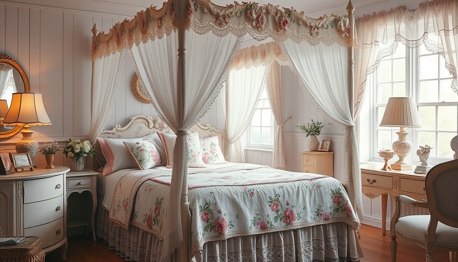 Cozy cottagecore bedroom with floral bedding and vintage decor, bright lighting.