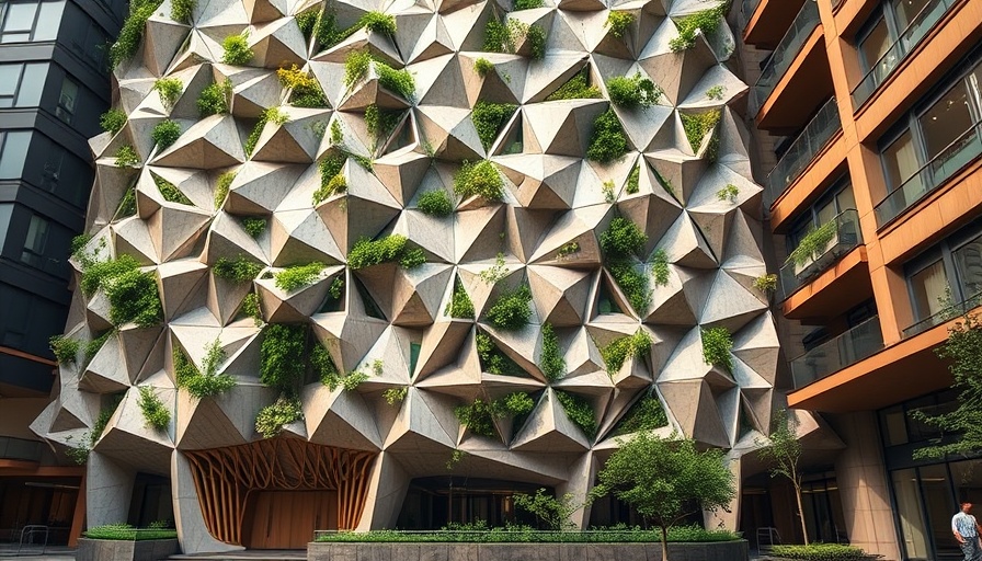 Nature-inspired geometric facade design in an urban setting.