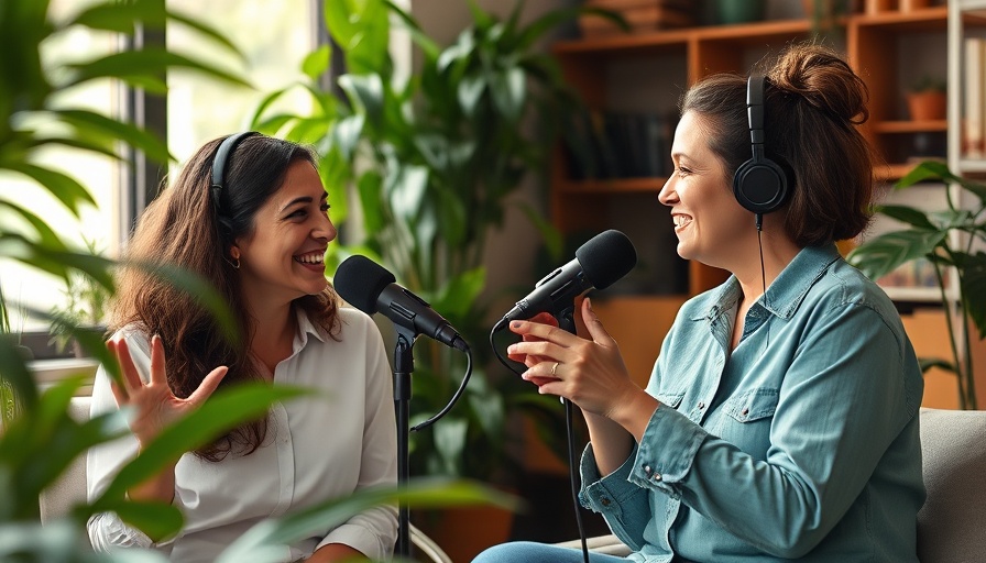 Two women discussing nature restoration on a podcast, photorealistic.