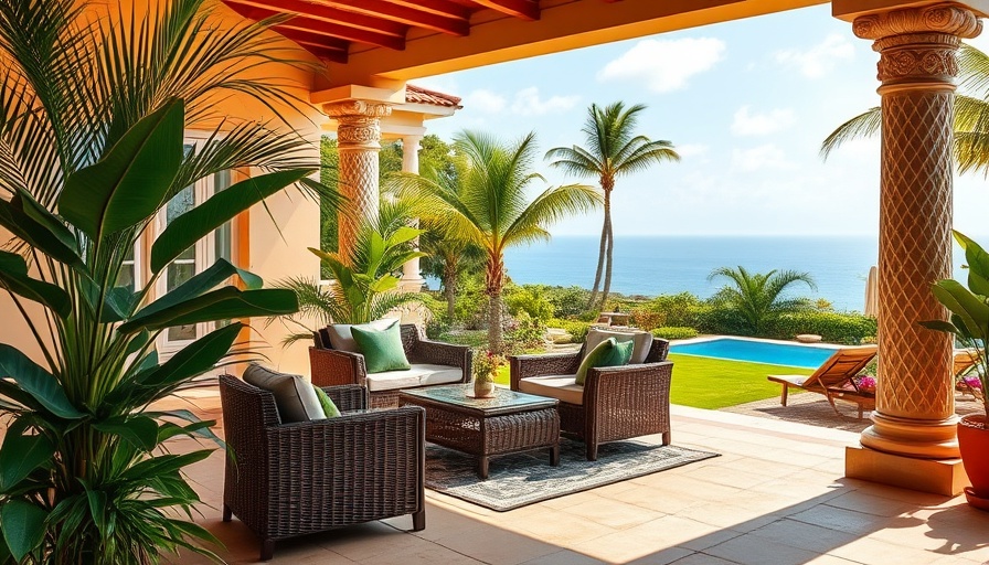 Wicker furniture on tropical patio overlooking ocean view.