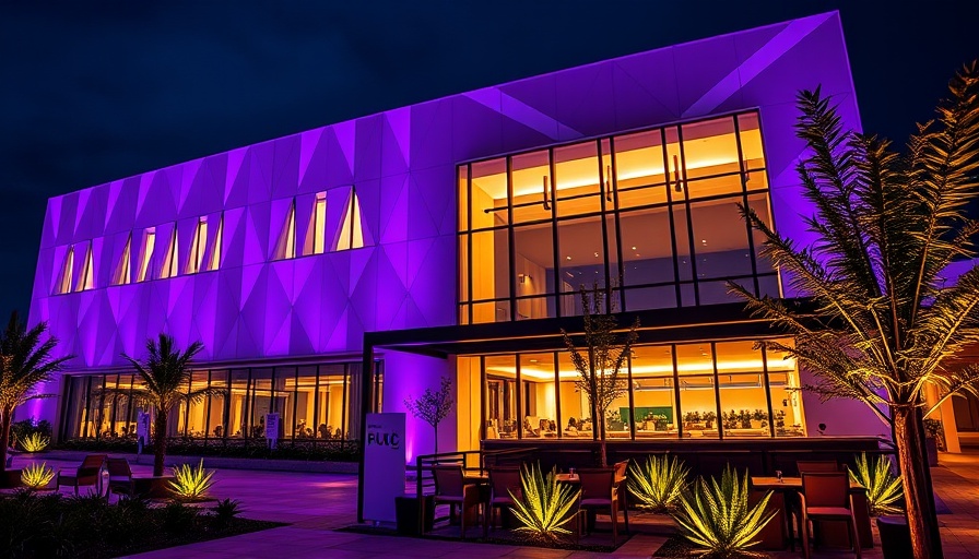 Gene Simmons Beverly Hills home facade with geometric design at night.