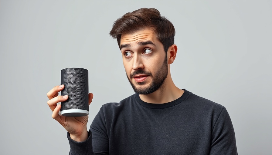 Curious man examines smart speaker, exploring Amazon's A+ AI Integration and Smart Home Control.
