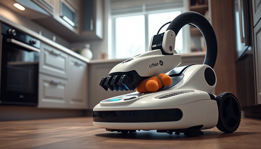 Robot vacuum with claw arm picking up toy in kitchen.