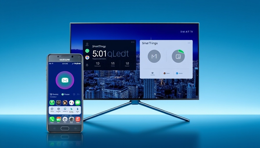 Control Samsung TV from phone with SmartThings app in urban blue setting.
