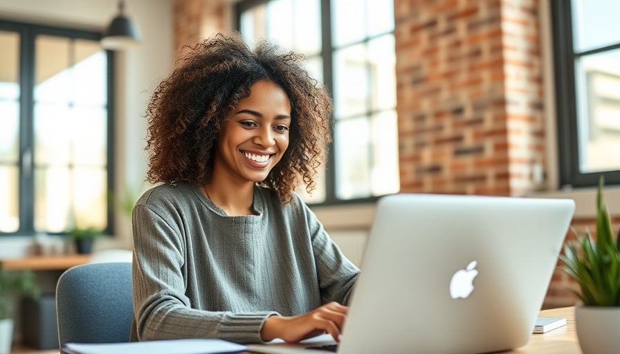 Smiling woman using laptop in bright home office for SearchGPT for energy choices.