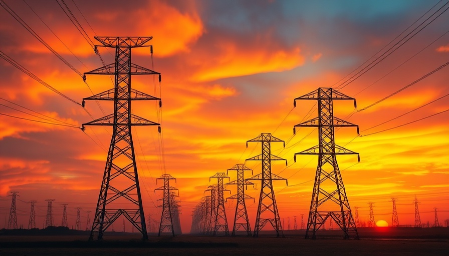 Power pylons at sunset, symbolizing renewable technologies.