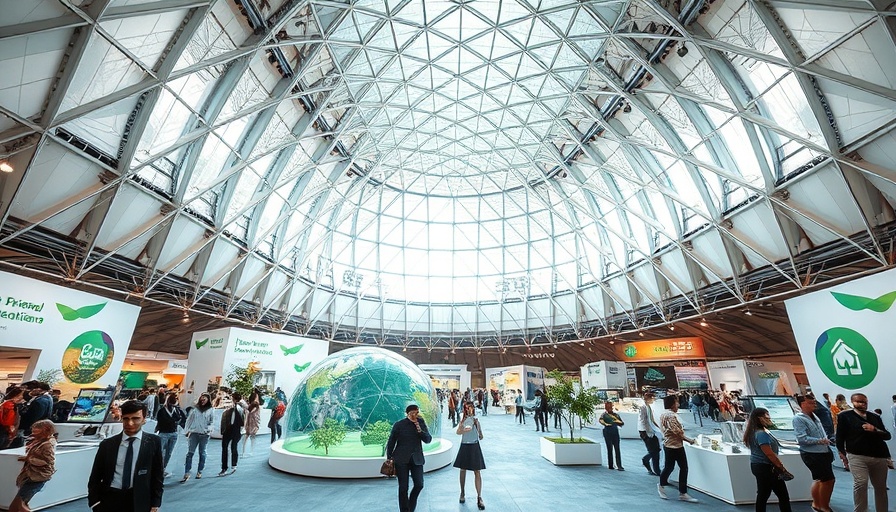 Futuristic exhibition showcasing inventions saving planet earth.