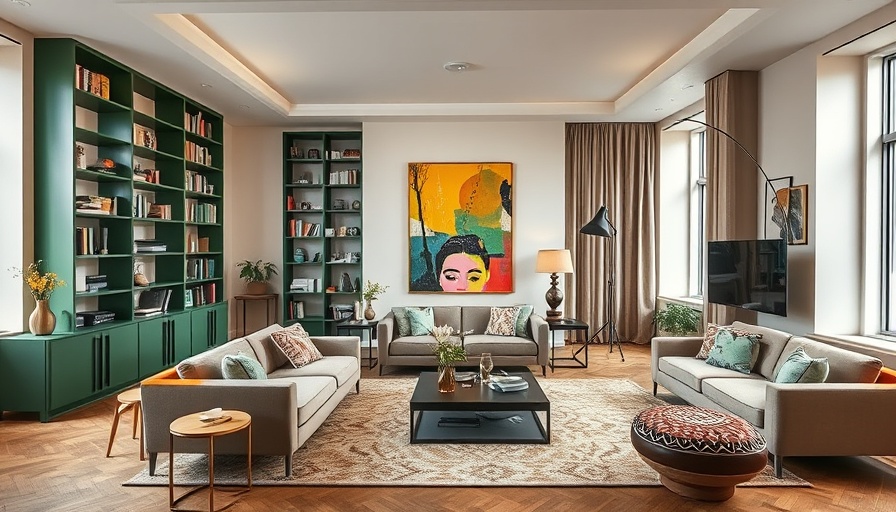 Modern Berlin penthouse design with artistic decor and green bookshelves.