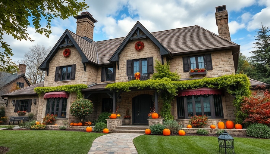 European inspired estate home with stone facade and autumn decor.