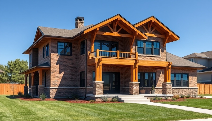 Modern Craftsman home with rustic beams and brick exterior.