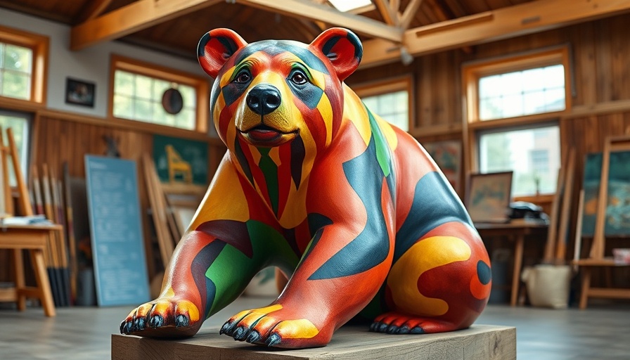 Vibrantly colorful bear sculpture promoting projects saving our planet founded by women.