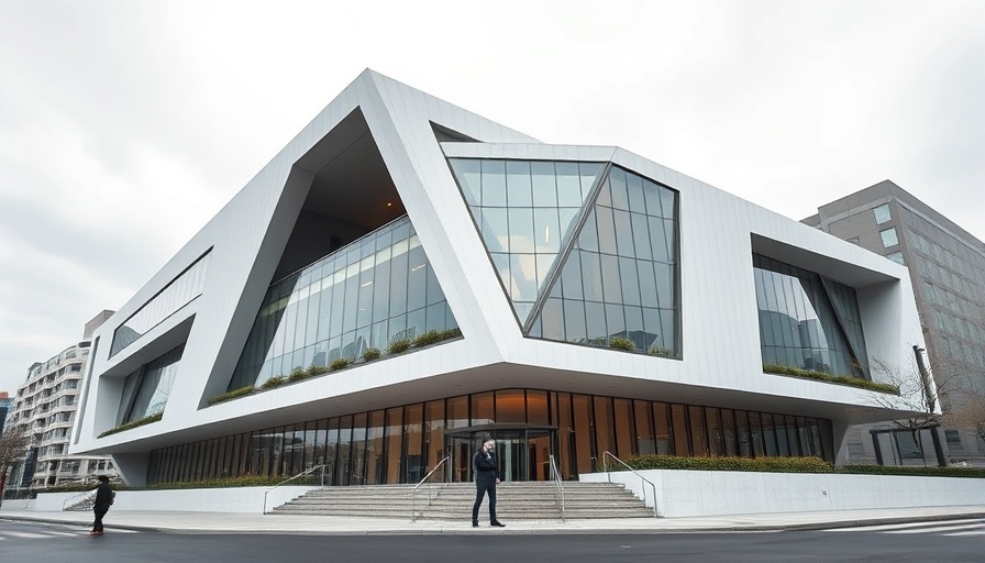 Modern building showcasing sustainable design features, futuristic style.
