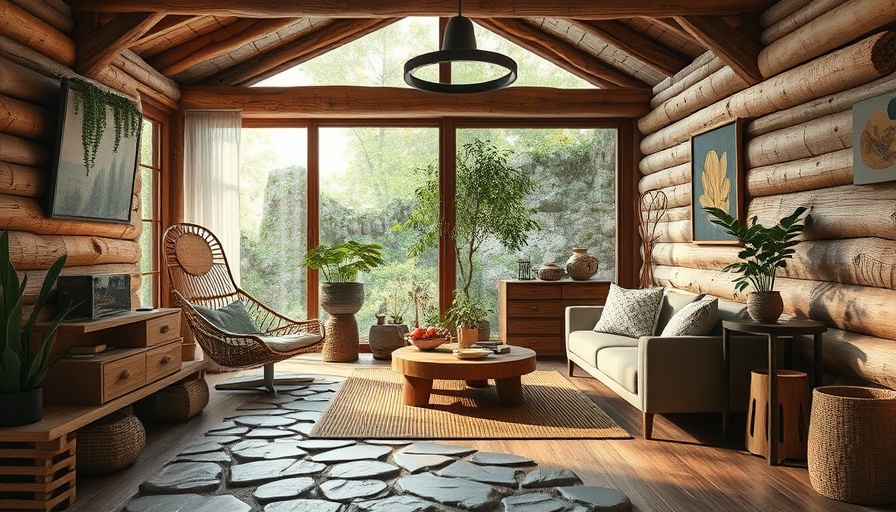 Nature-inspired design in rustic eco-friendly interior with stone and wood.