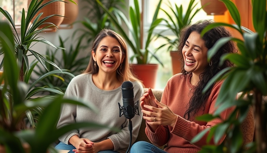Joyful podcast hosts discuss nature restoration, vibrant greenery.
