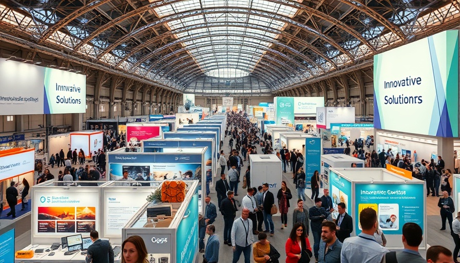 Innovative solutions exhibition with a large crowd and glass dome.