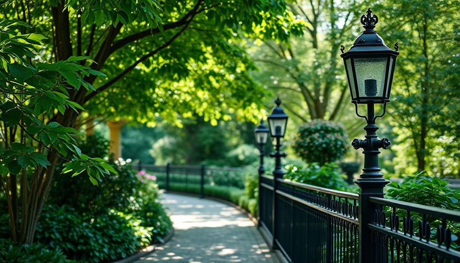 Outdoor post lights amidst lush garden foliage.