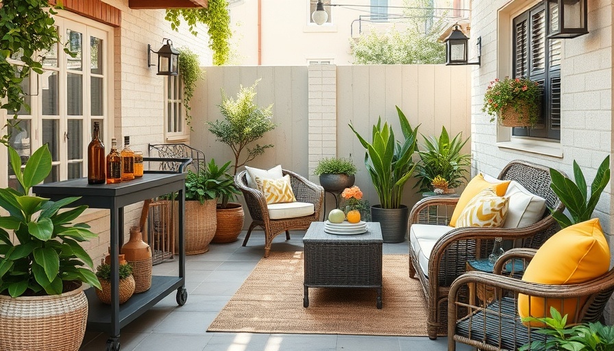 Charming outdoor patio featuring the best outdoor bar cart
