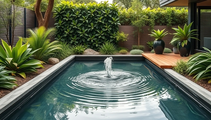 Elegant modern garden pond with fountain, lush greenery, vibrant design.