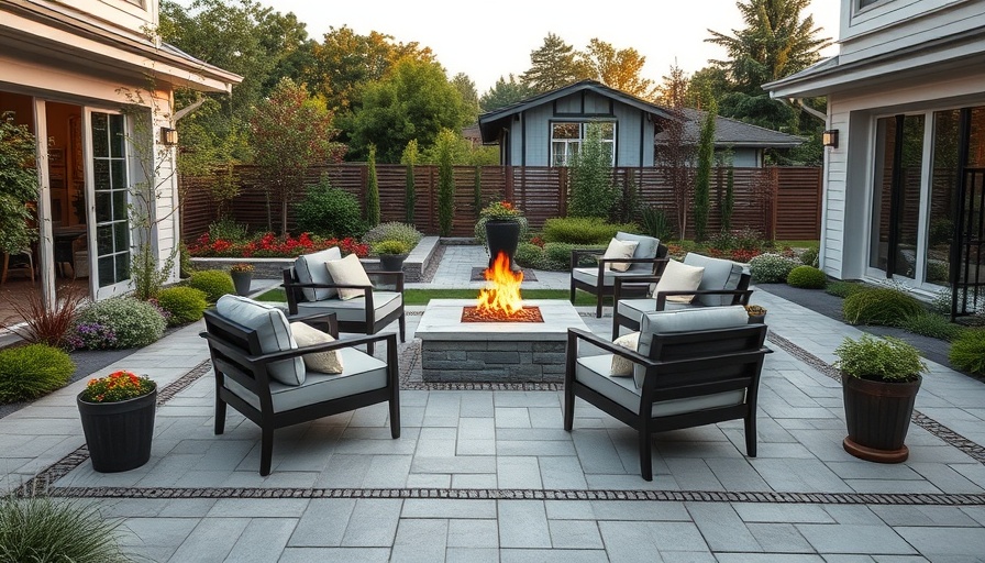Elegant patio with contemporary outdoor paver design, lush garden.