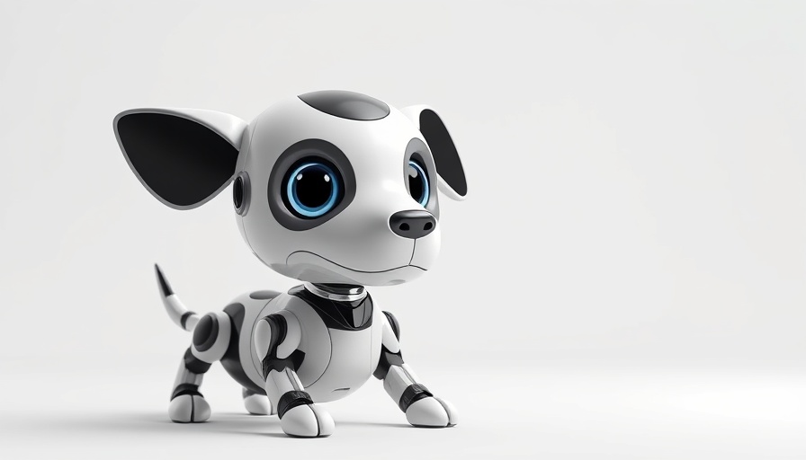 Futuristic robot dog with digital face in a minimalistic style.