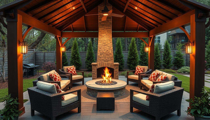 Stylish backyard gazebo living space with seating and fireplace.