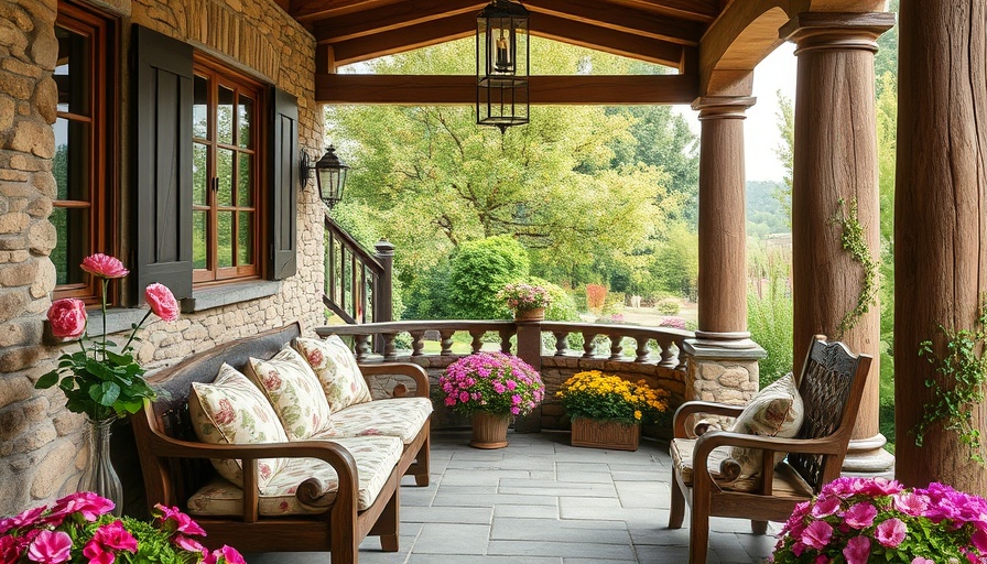 Charming porch with floral cushions and garden view, 2025 Outdoor Living Trends.