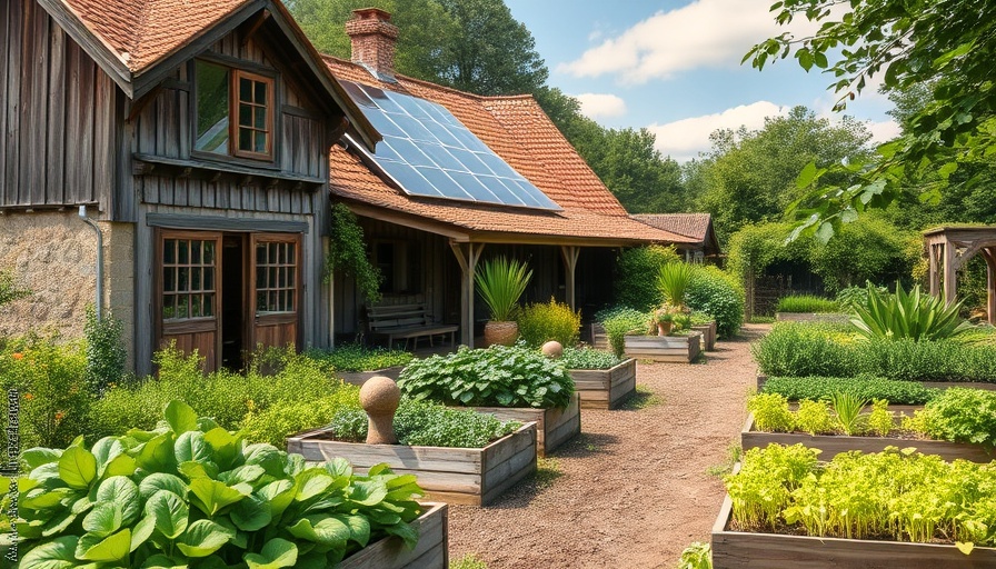 Sustainable farmhouse with solar panels and lush garden.