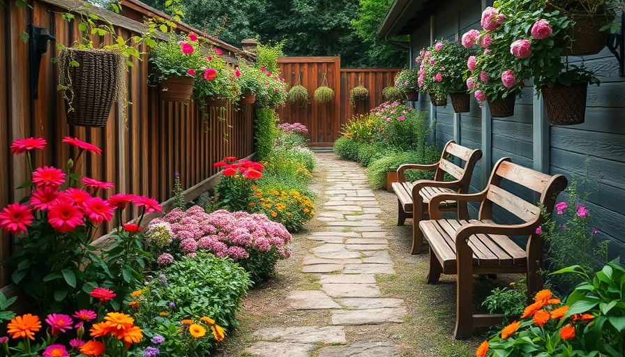 Charming small garden path showcasing current trends with vibrant flowers and cozy seating.
