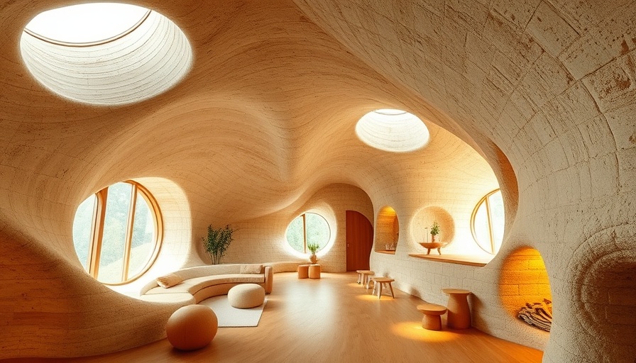 Surrealist Cob House with organic and flowing interior design.