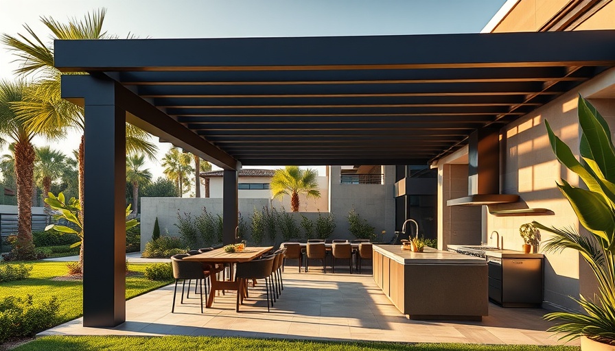 Pergola outdoor kitchen design ideas with modern seating and greenery.
