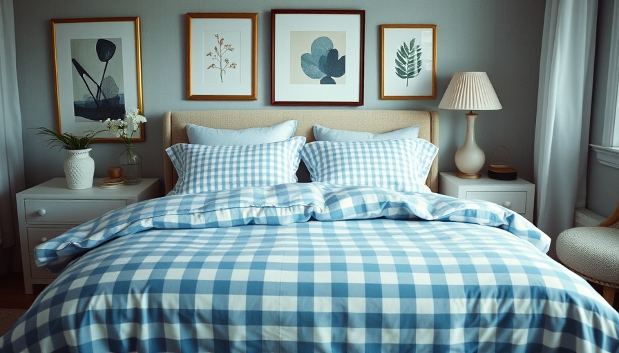 Chic bedroom with best gingham bedding, modern art, cozy setting.